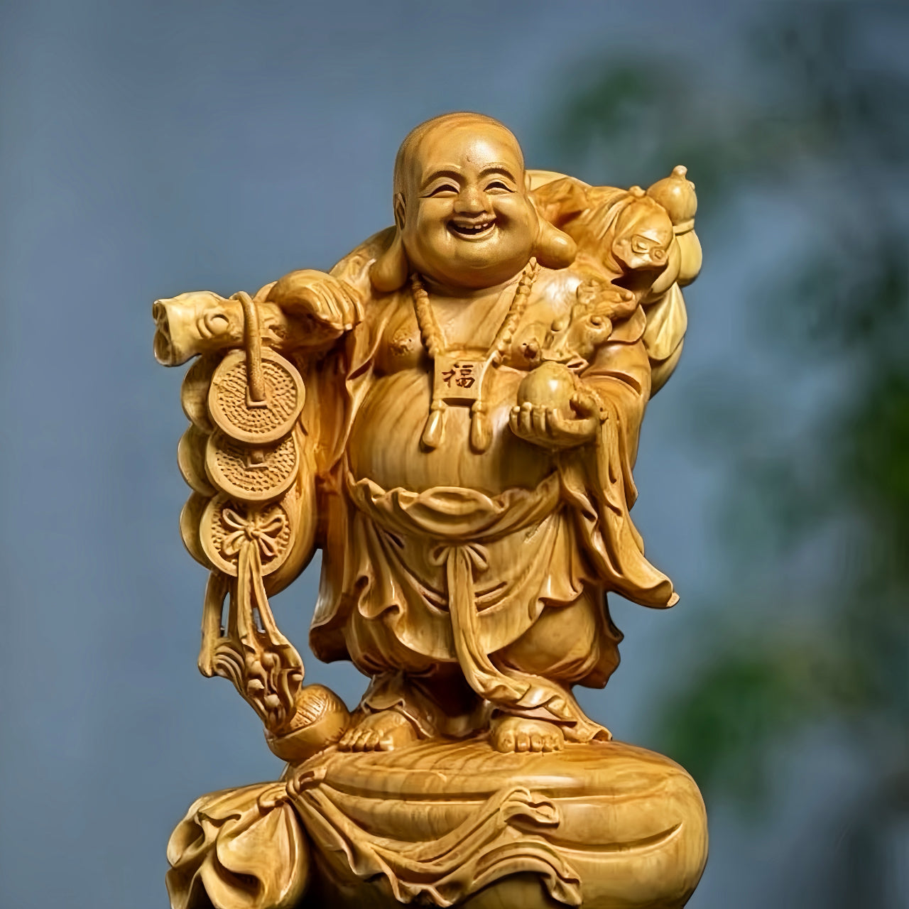 Boxwood Standing Ruyi Laughing Buddha Statue for Wealth & Good Fortune