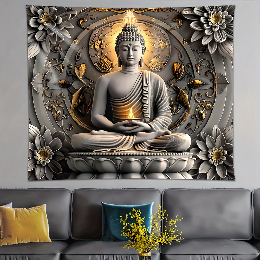Gray and Gold Buddha tapestry with warm lotus accents
