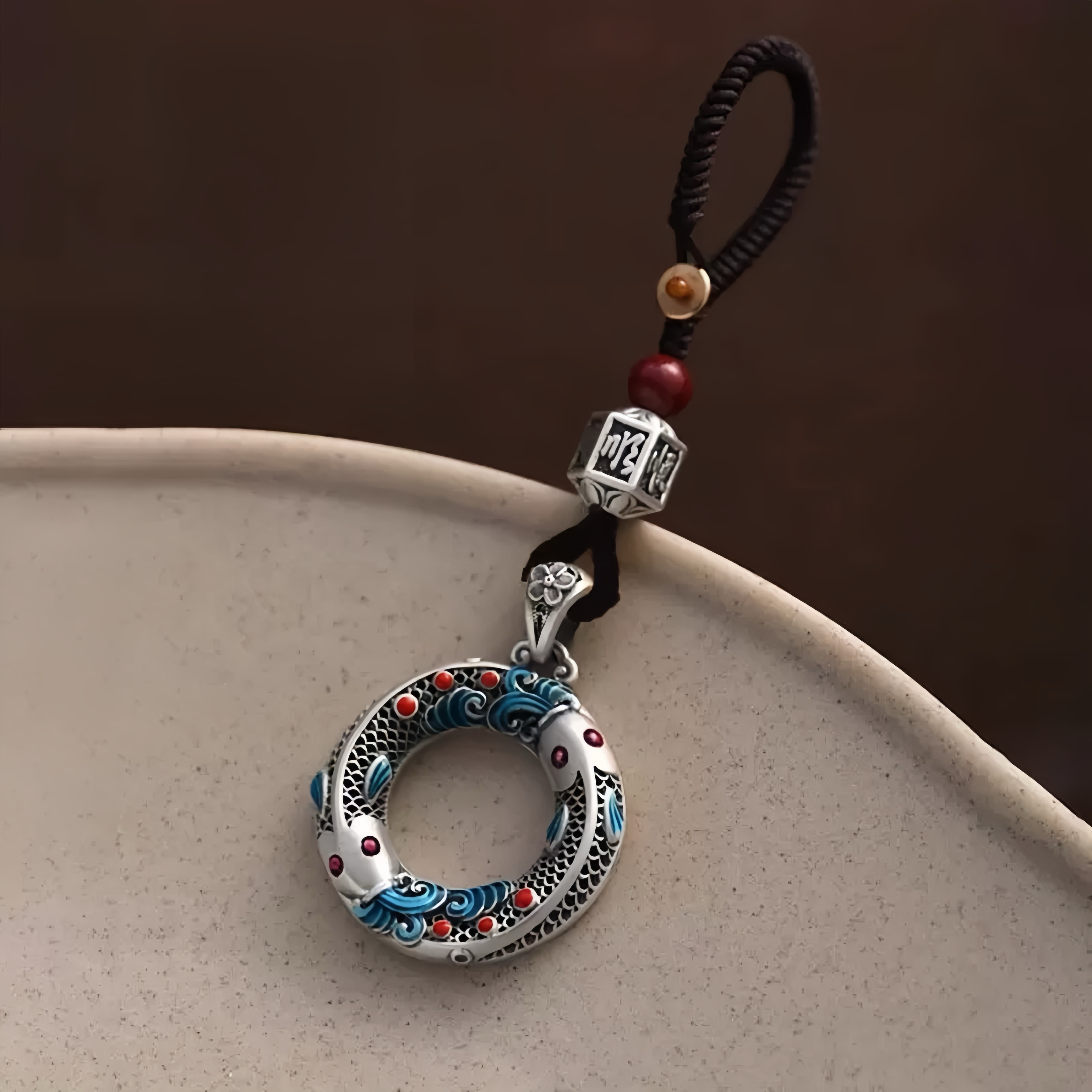 Vintage Enamel Koi Peace Buckle Keychain for Good Fortune & Protection