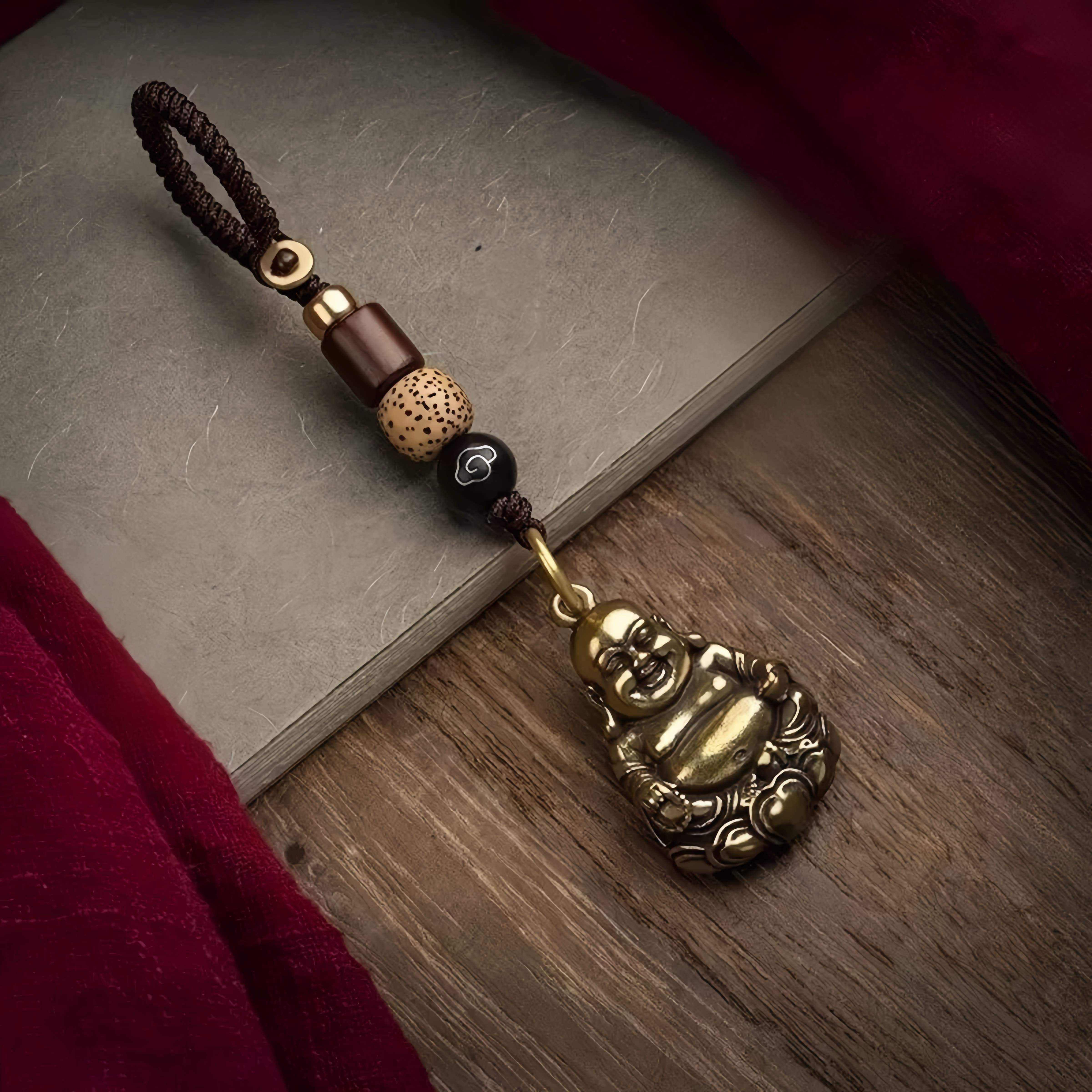 Antique Brass Huanxi Buddha Car Keychain for Joy, Protection & Blessings