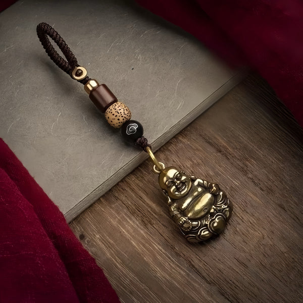 Antique Brass Huanxi Buddha Car Keychain for Joy, Protection & Blessings
