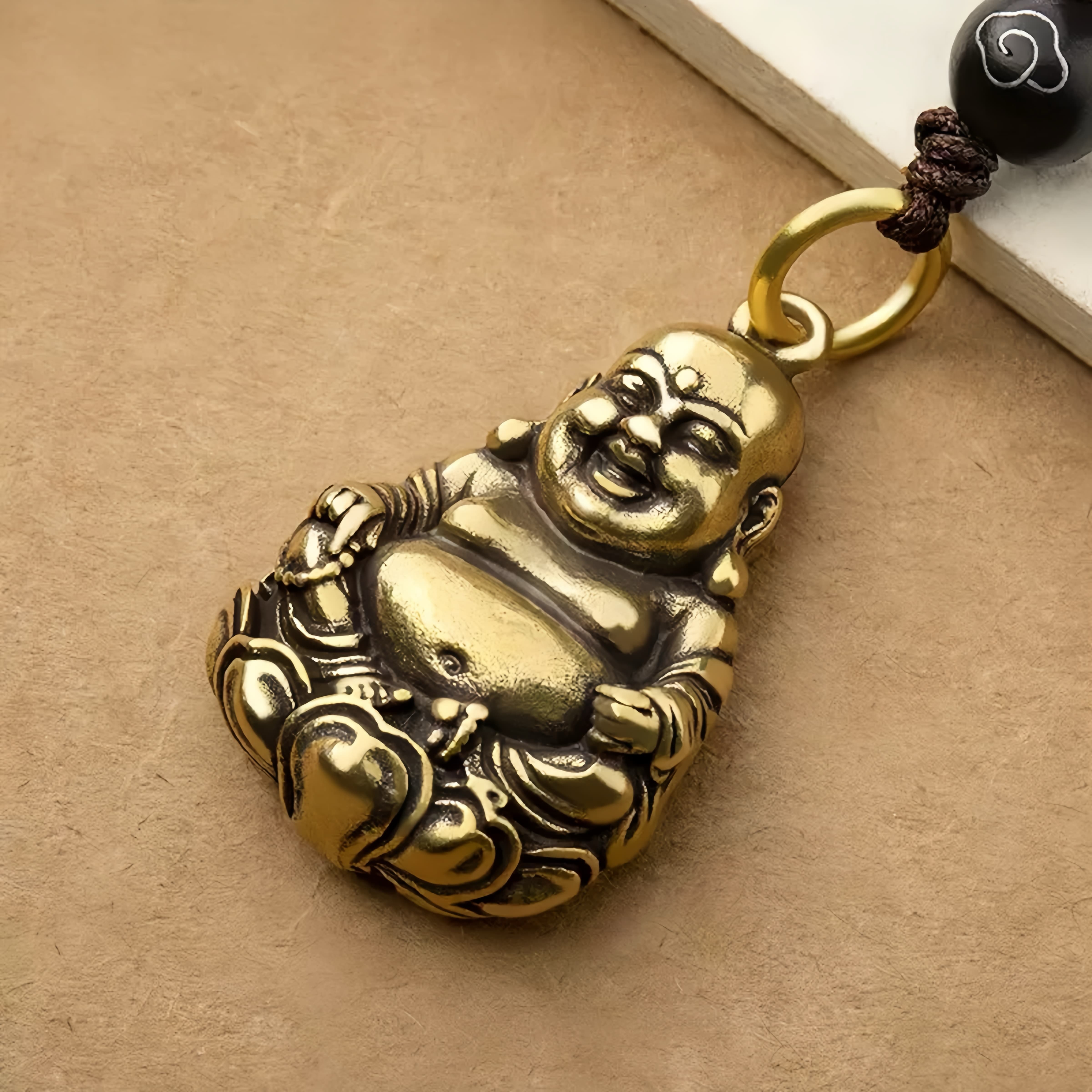 Antique Brass Huanxi Buddha Car Keychain for Joy, Protection & Blessings