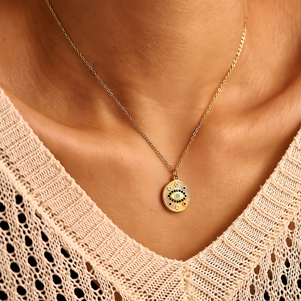 Enamel Evil Eye Disc Pendant Necklace