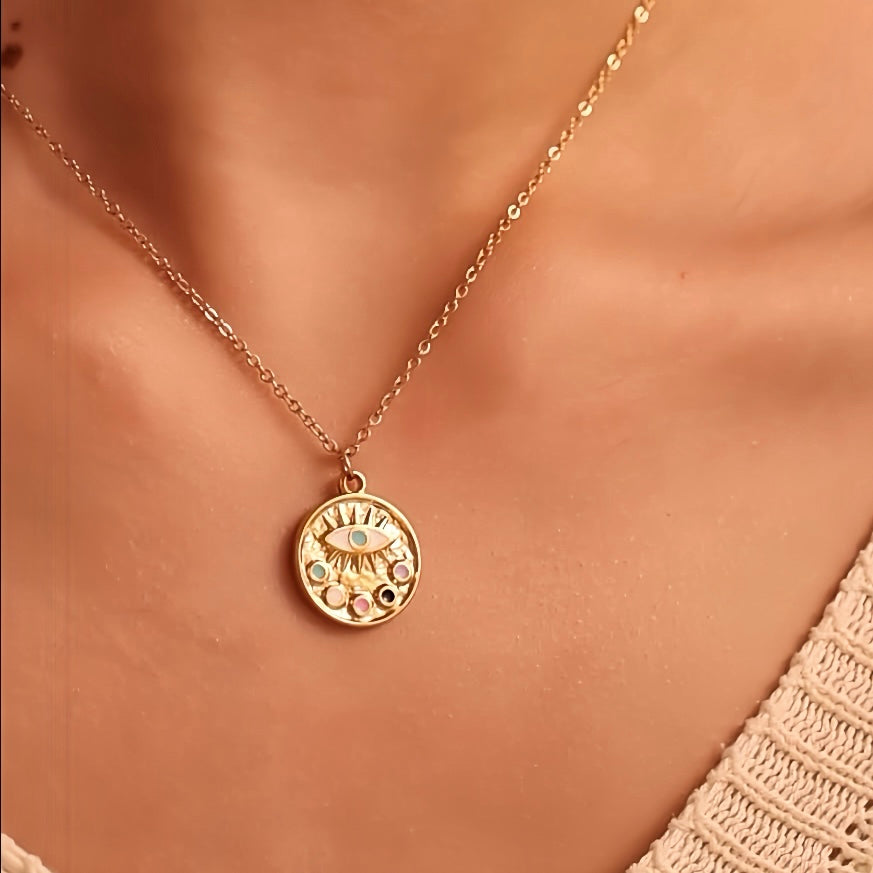 Enamel Evil Eye Disc Pendant Necklace