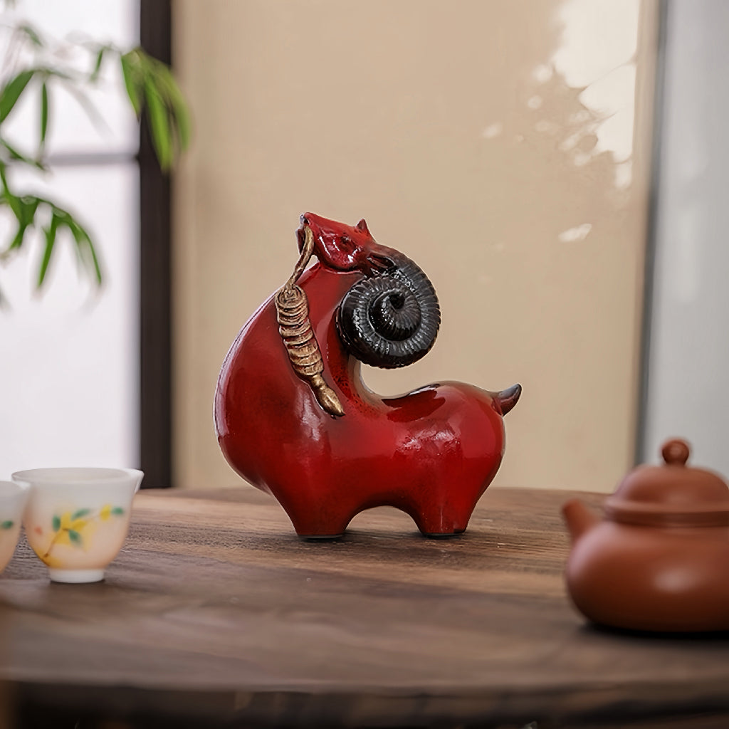 Kiln-Change Ceramic Leading Sheep Figurine for Wealth & Abundance