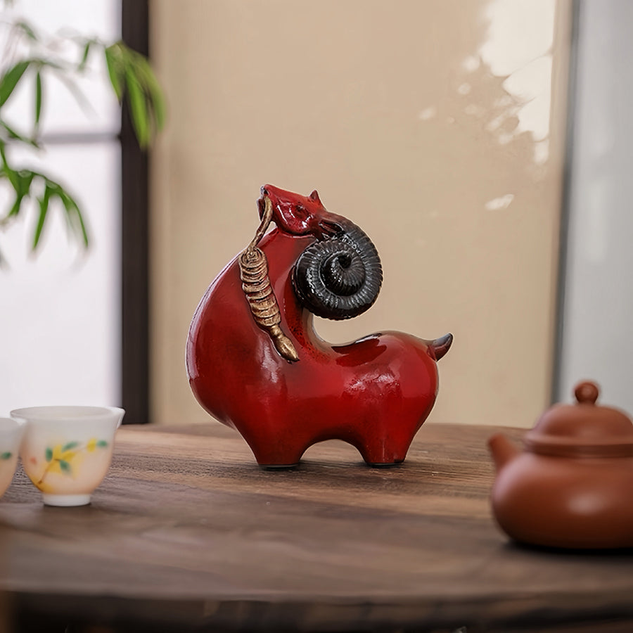 Kiln-Change Ceramic Leading Sheep Figurine for Wealth & Abundance