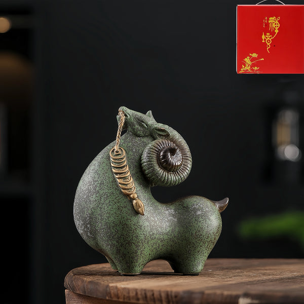 Kiln-Change Ceramic Leading Sheep Figurine for Wealth & Abundance