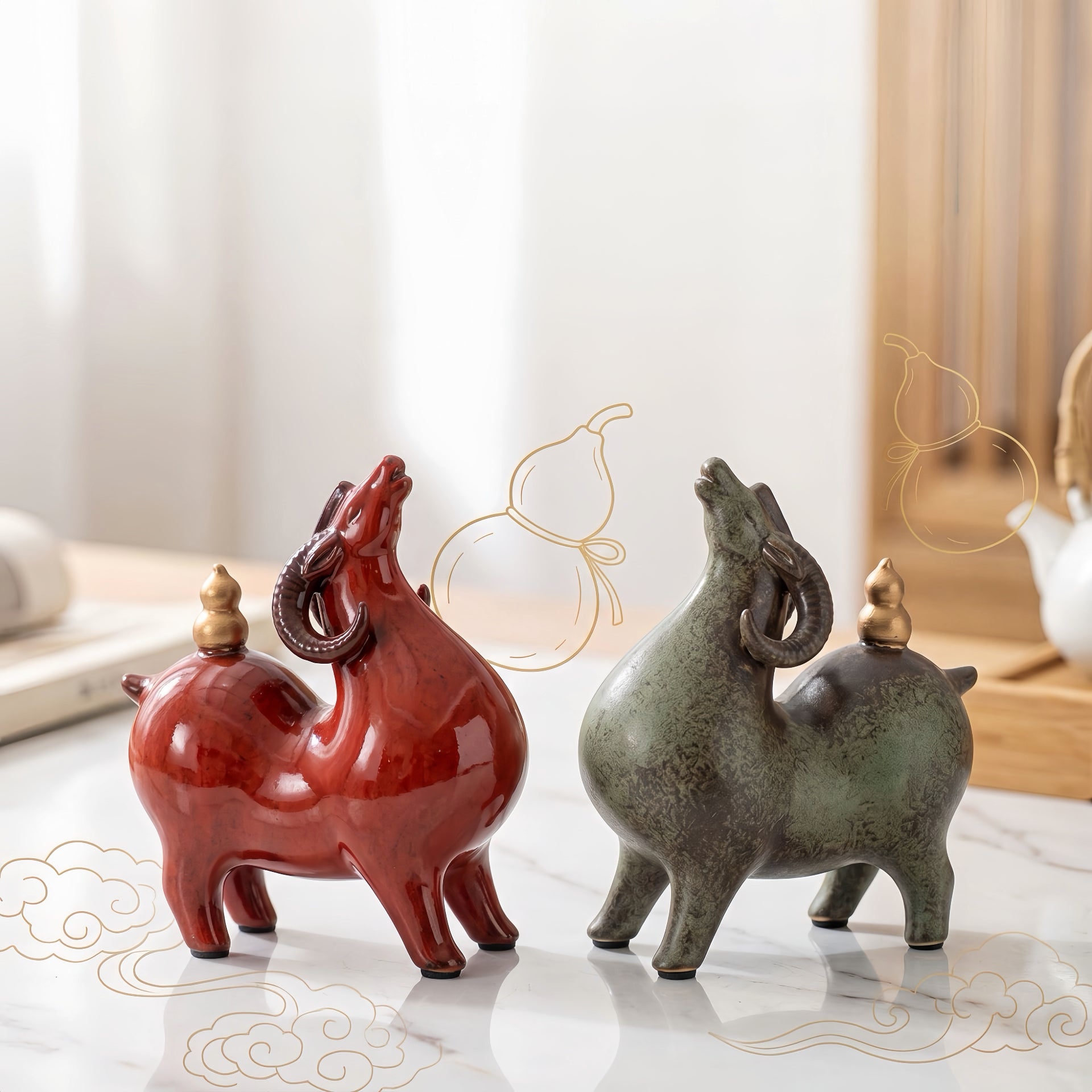 Fu Lu Ji Yang Ceramic Sheep Figurine for Wealth & Good Fortune