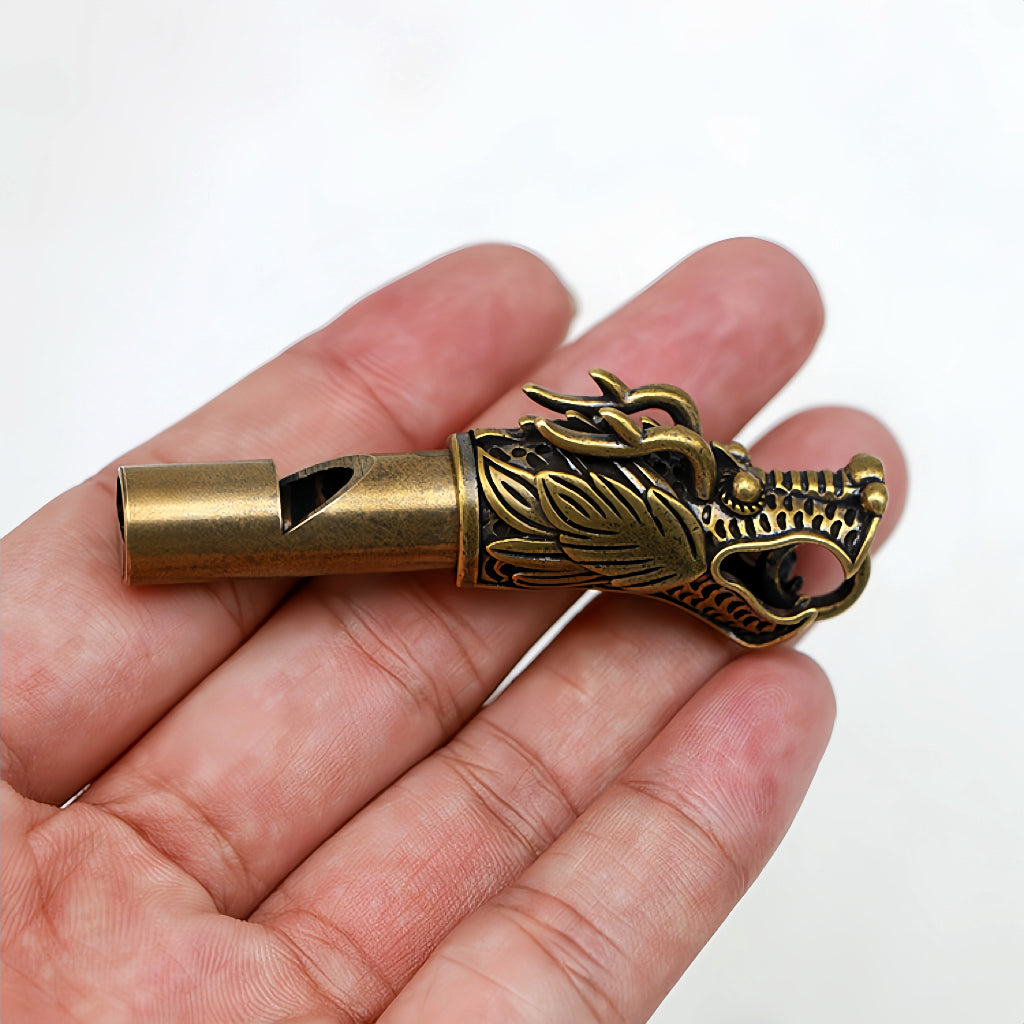 Brass Dragon Head Whistle Keychain with Cord