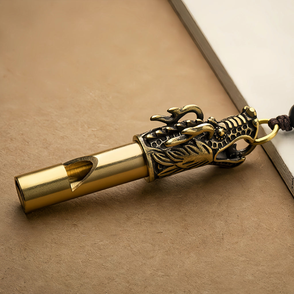 Brass Dragon Head Whistle Keychain with Cord