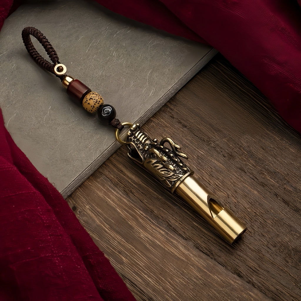 Brass Dragon Head Whistle Keychain with Cord