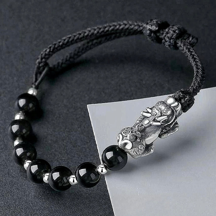 Silver-Plated Obsidian Wealth Feng Shui Pixiu Bracelet