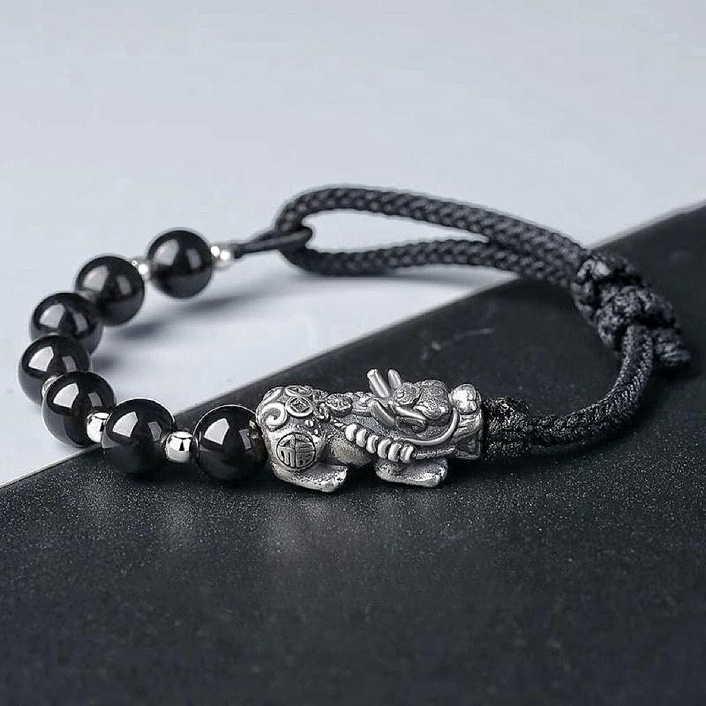 Silver-Plated Obsidian Wealth Pixiu Bracelet