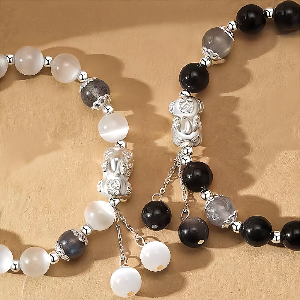 Moonstone & Obsidian 999 Silver Feng Shui Pixiu Bracelet