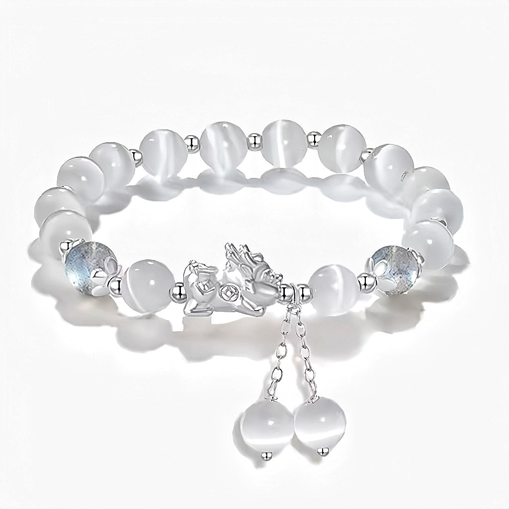 Cat's Eye Stone & Moonstone 999 Silver Feng Shui Pixiu Bracelet