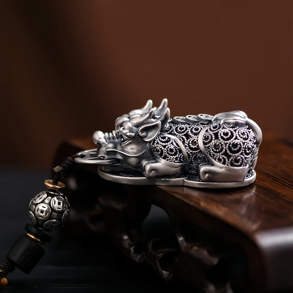 Hollow Carved Silver Pixiu Keychain