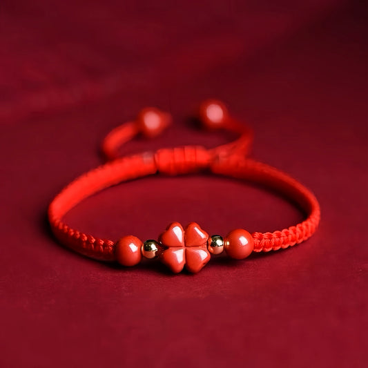 Cinnabar Four-Leaf Clover Red String Bracelet