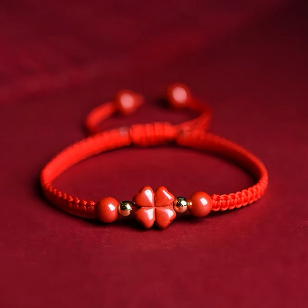 Cinnabar Four-Leaf Clover Red String Bracelet