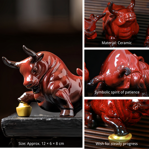Red Ceramic Zodiac Ox Figurine Set for Good Luck Decor
