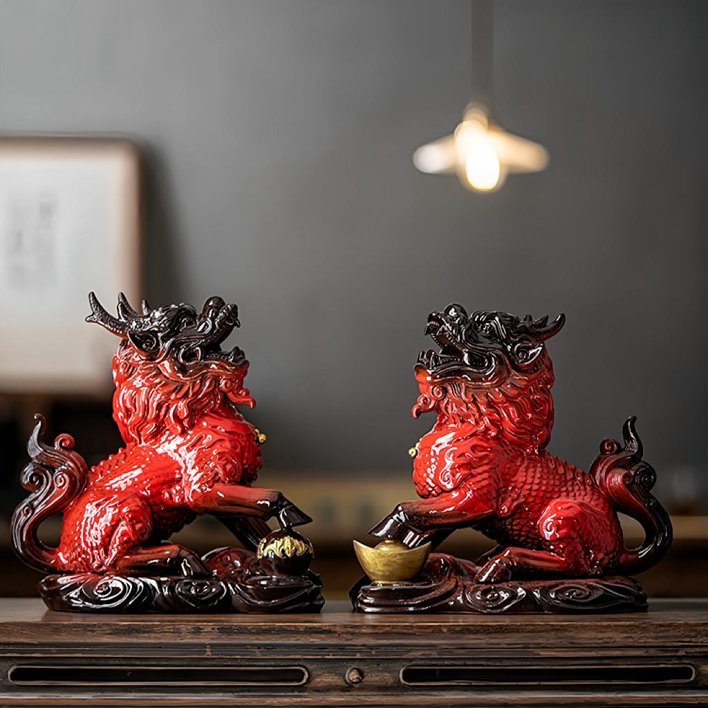 Large Ceramic Qilin Pair Statues for Feng Shui Home Decor