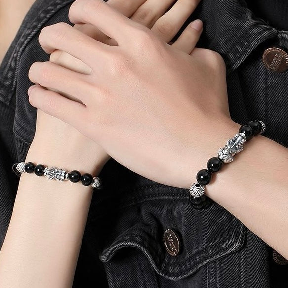 Black Obsidian Bead Silver-Plated Pixiu Bracelet