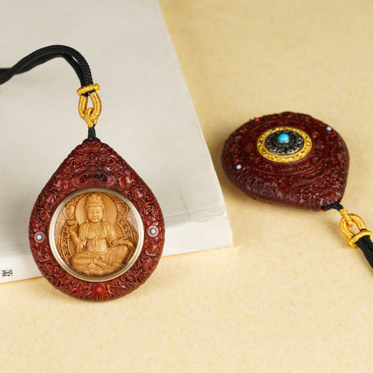 Carved Red Sandalwood Zodiac Guardian Amulet