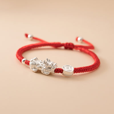 999 Pure Silver Feng Shui Pixiu Copper Coin Red String Bracelet