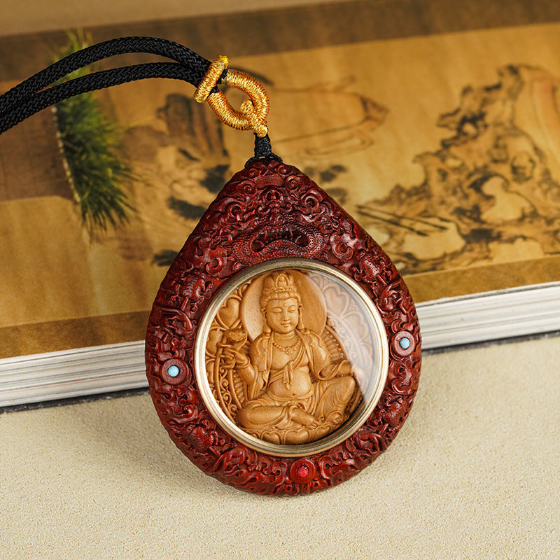 Carved Red Sandalwood Zodiac Guardian Amulet