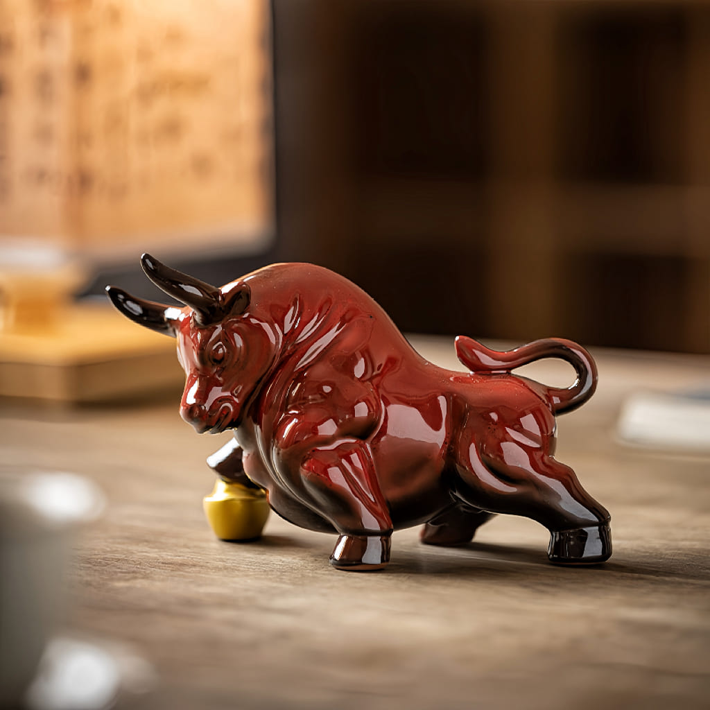 Red Ceramic Zodiac Ox Figurine Set for Good Luck Decor
