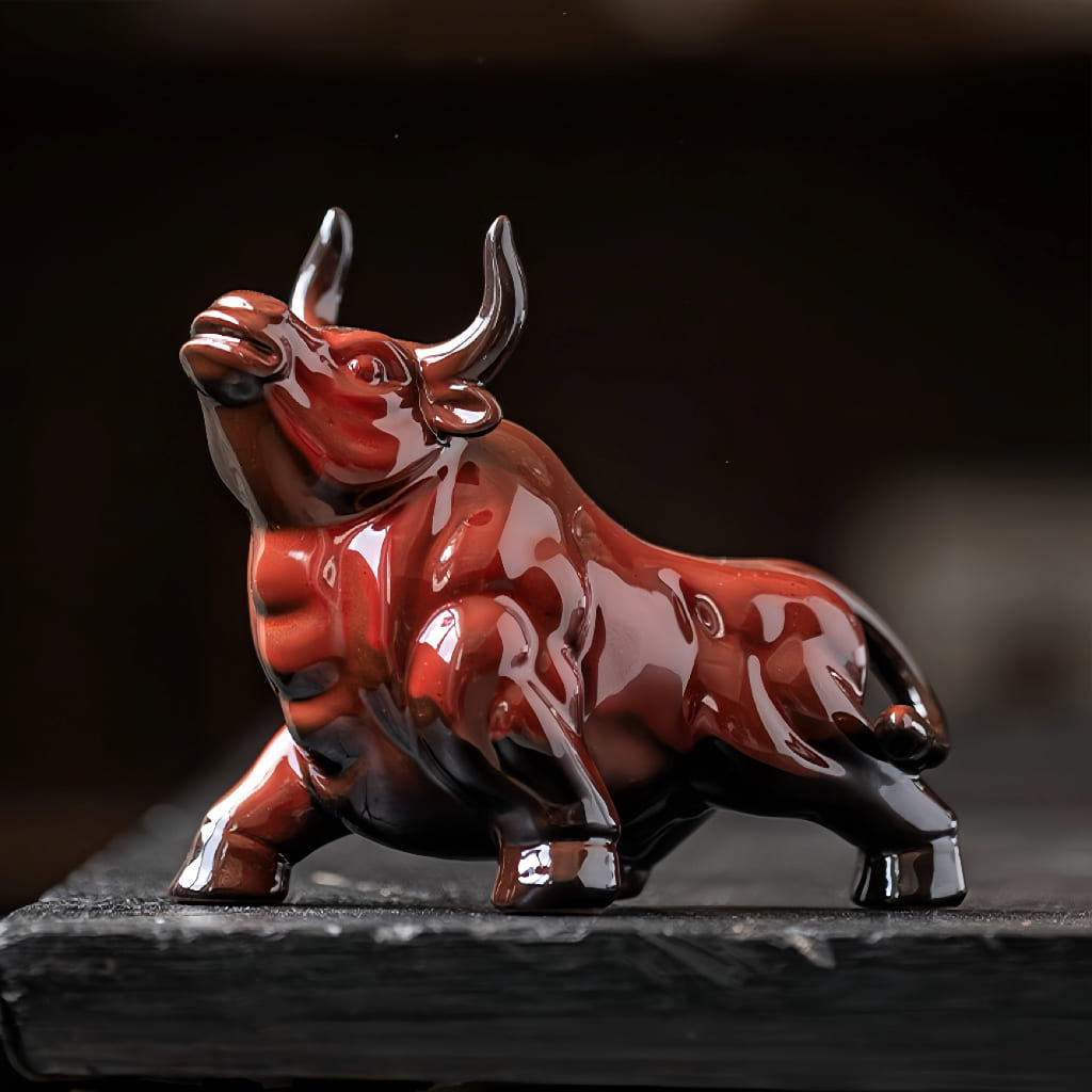 Red Ceramic Zodiac Ox Figurine Set for Good Luck Decor