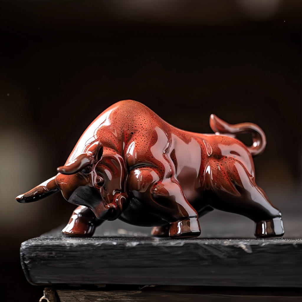 Red Ceramic Zodiac Ox Figurine Set for Good Luck Decor
