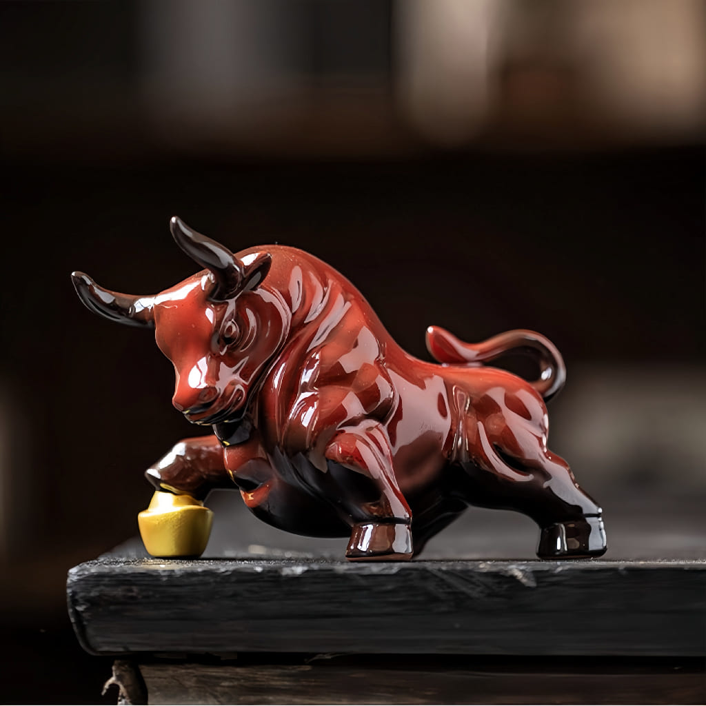 Red Ceramic Zodiac Ox Figurine Set for Good Luck Decor