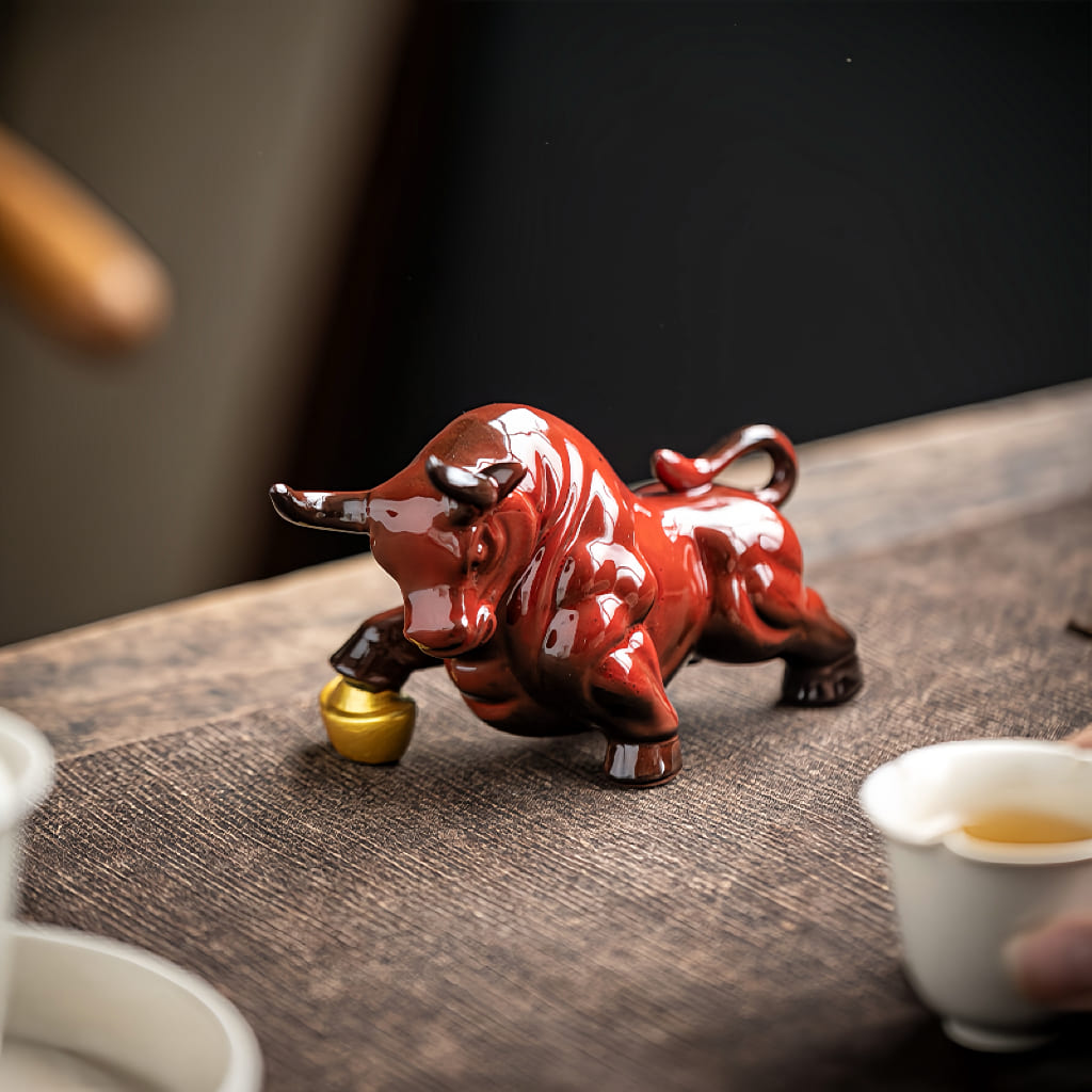 Red Ceramic Zodiac Ox Figurine Set for Good Luck Decor