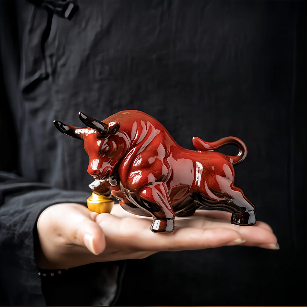 Red Ceramic Zodiac Ox Figurine Set for Good Luck Decor