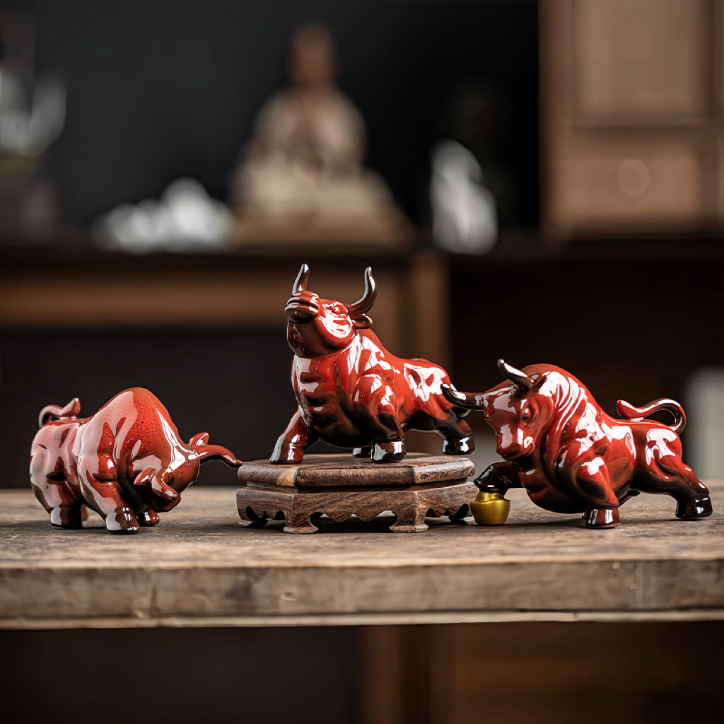 Red Ceramic Zodiac Ox Figurine Set for Good Luck Decor