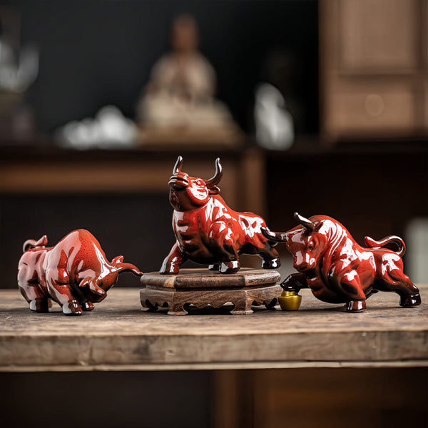 Red Ceramic Zodiac Ox Figurine Set for Good Luck Decor