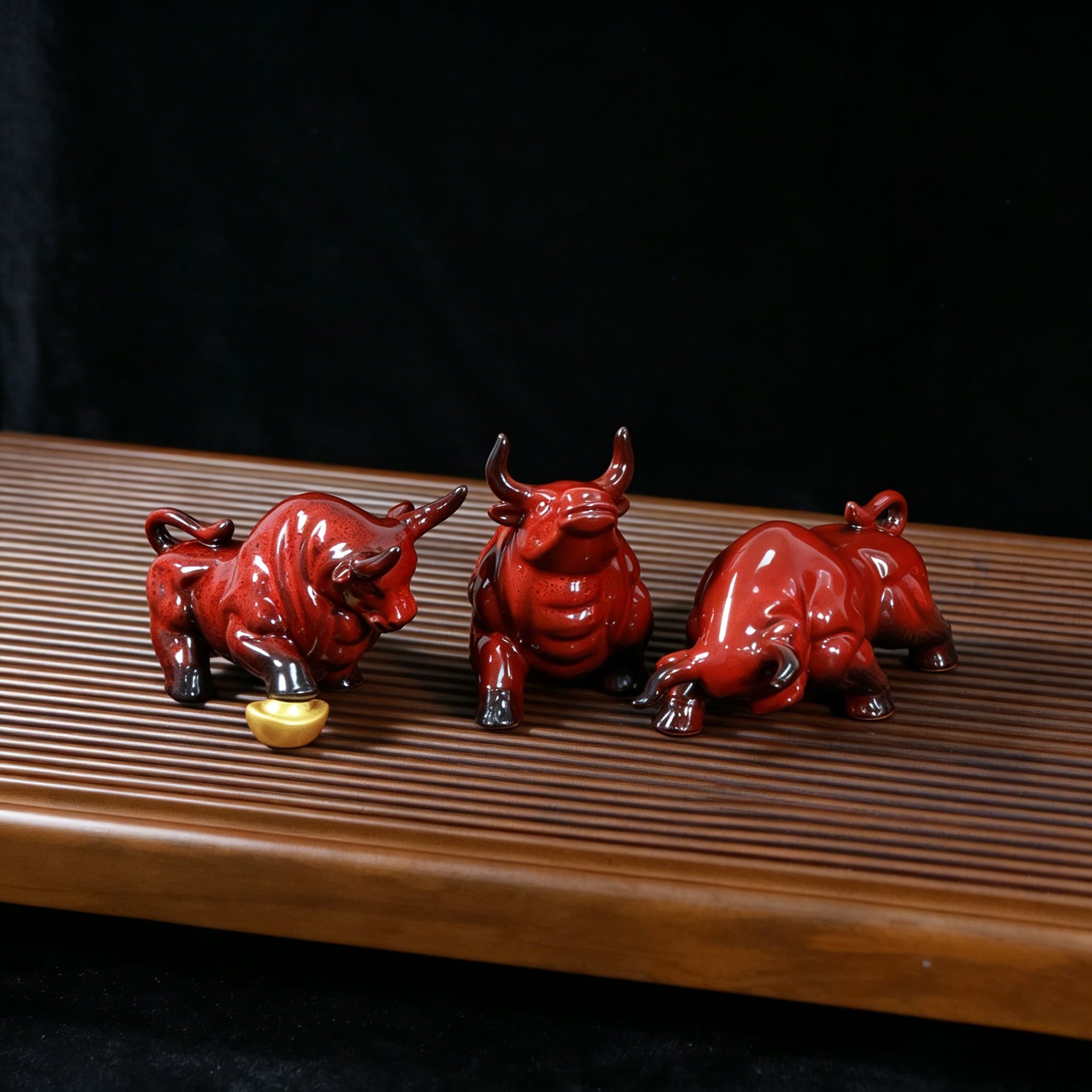 Red Ceramic Zodiac Ox Figurine Set for Good Luck Decor