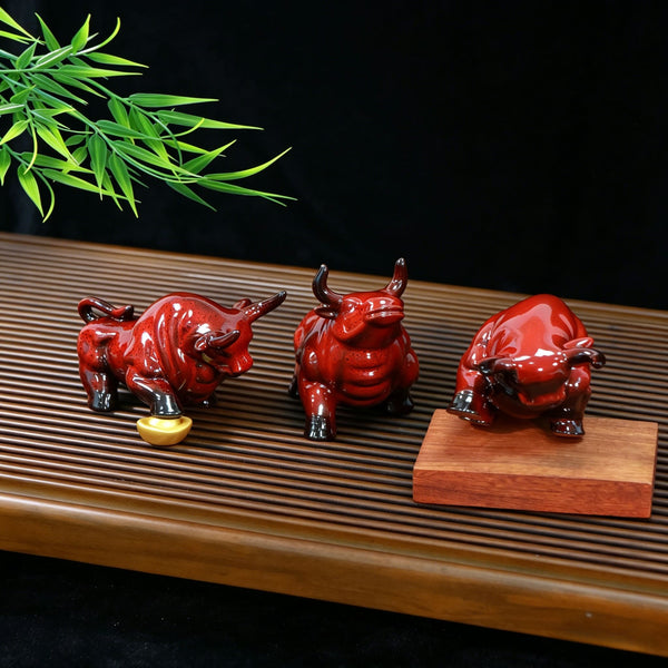 Red Ceramic Zodiac Ox Figurine Set for Good Luck Decor