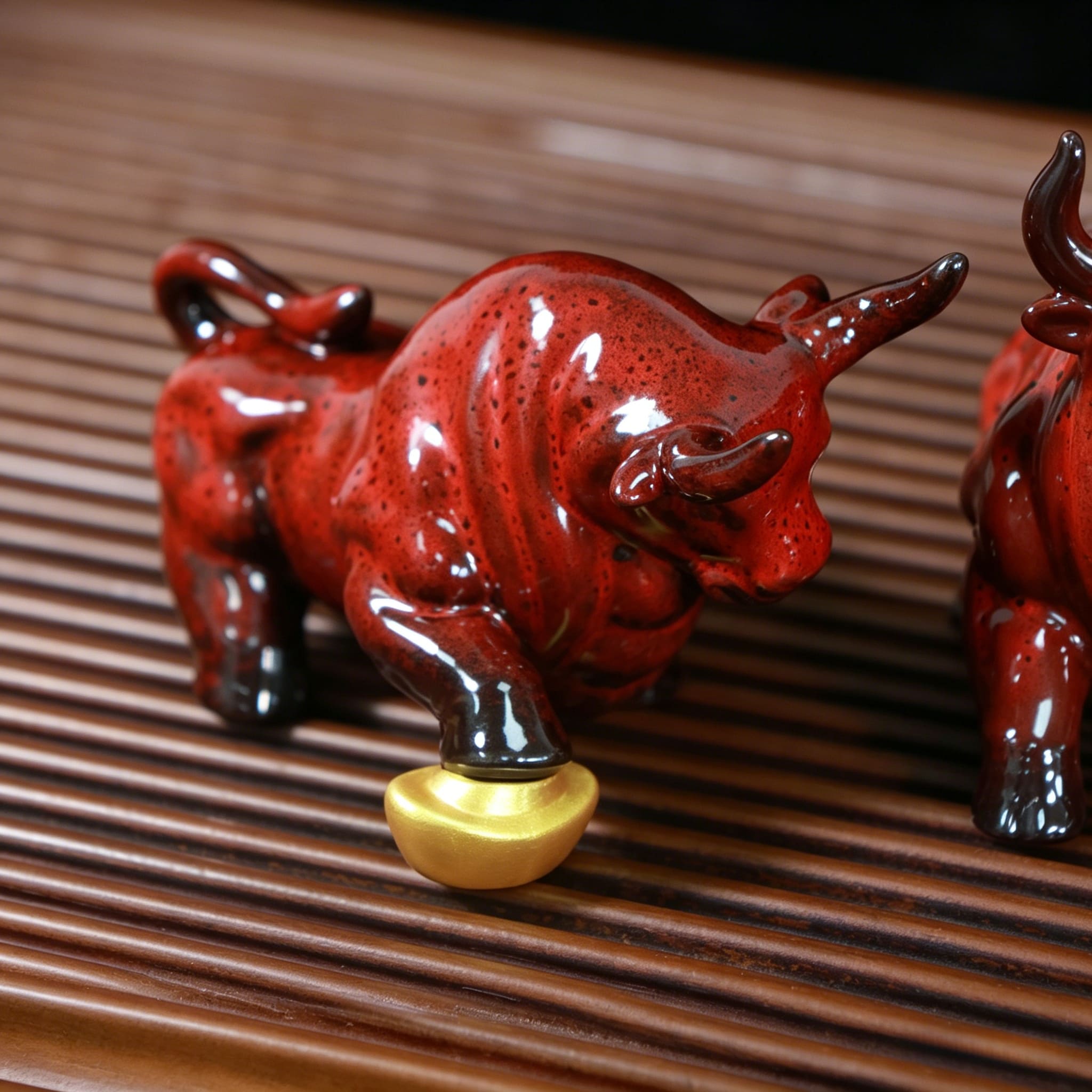Red Ceramic Zodiac Ox Figurine Set for Good Luck Decor