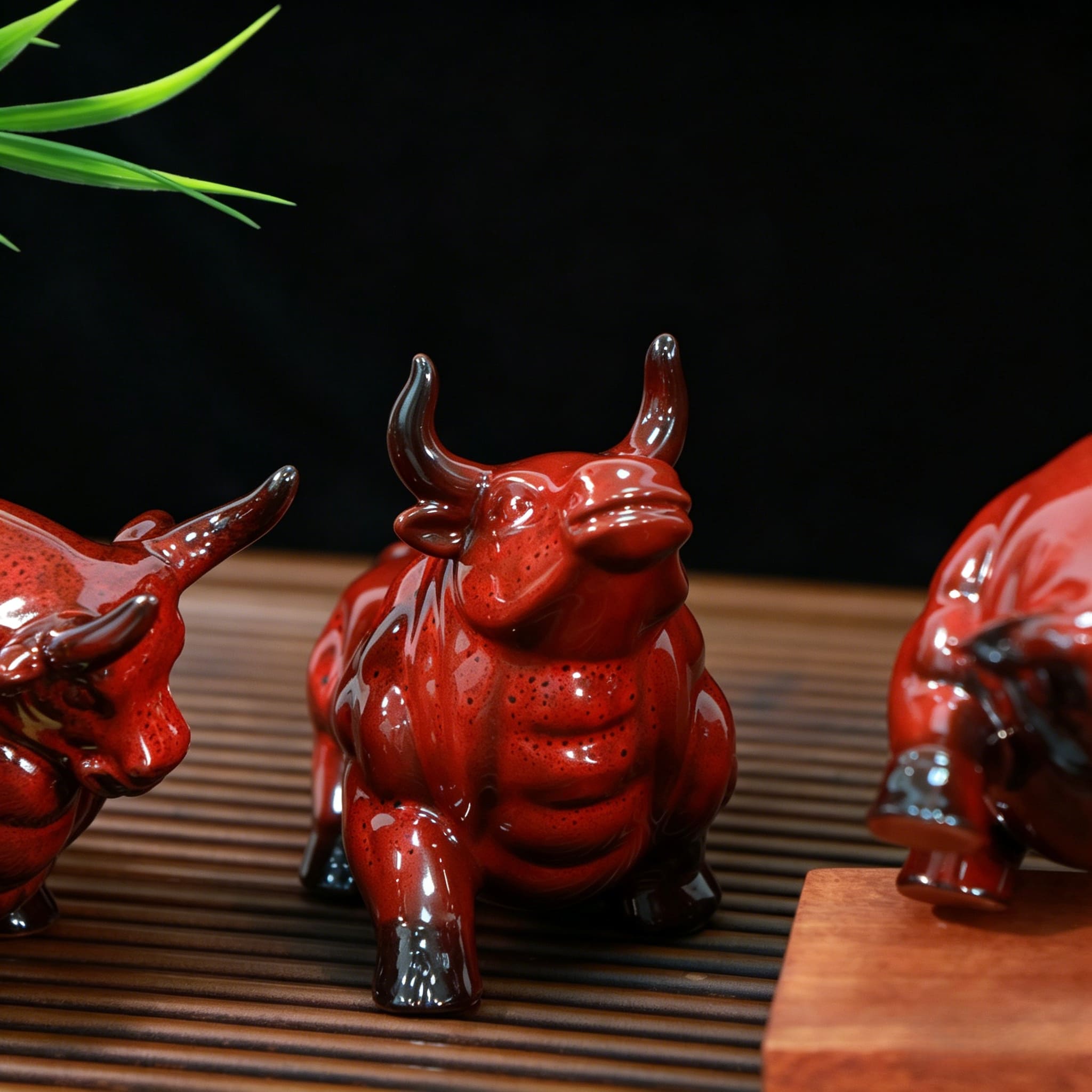Red Ceramic Zodiac Ox Figurine Set for Good Luck Decor