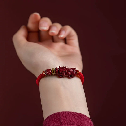 Natural Cinnabar Feng Shui Pixiu Red String Bracelet