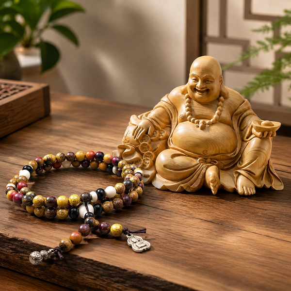 Thuja Wood Laughing Buddha & Mala Beads Gift Set