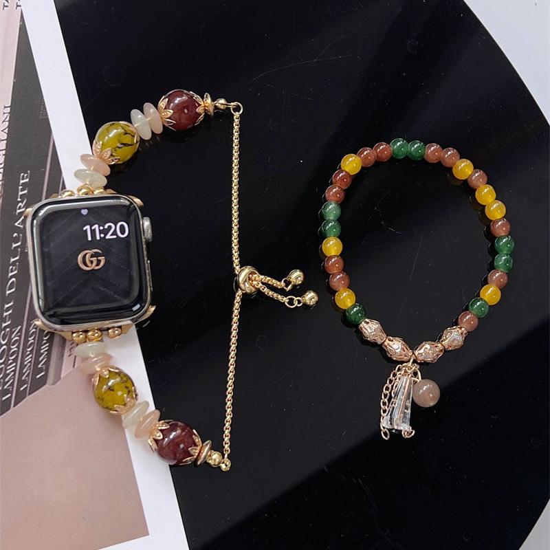 Yellow Green Dark Red Beaded Bracelet & Beaded Apple Watch Band