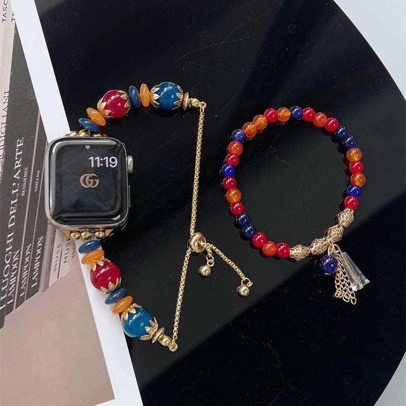 Blue Orange Red Beaded Bracelet & Beaded Apple Watch Band