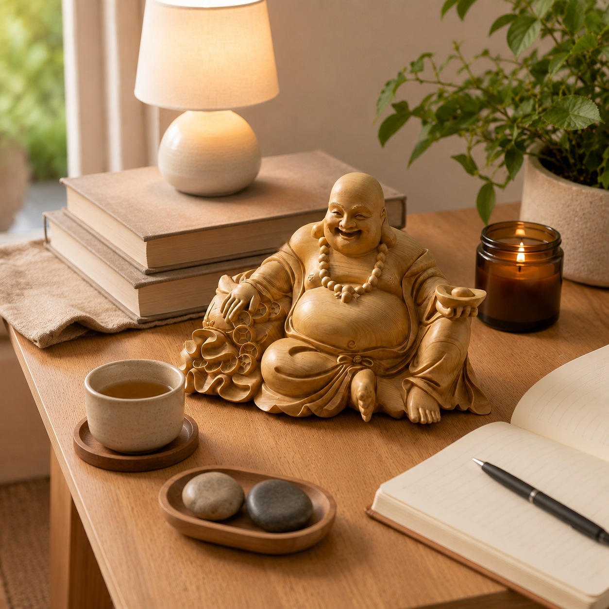 Thuja Wood Laughing Buddha & Mala Beads Gift Set
