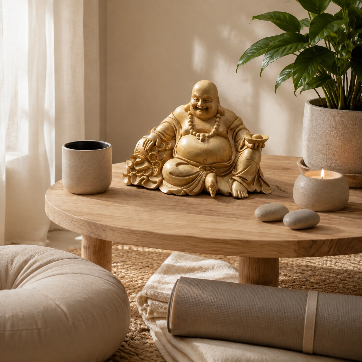 Thuja Wood Laughing Buddha & Mala Beads Gift Set