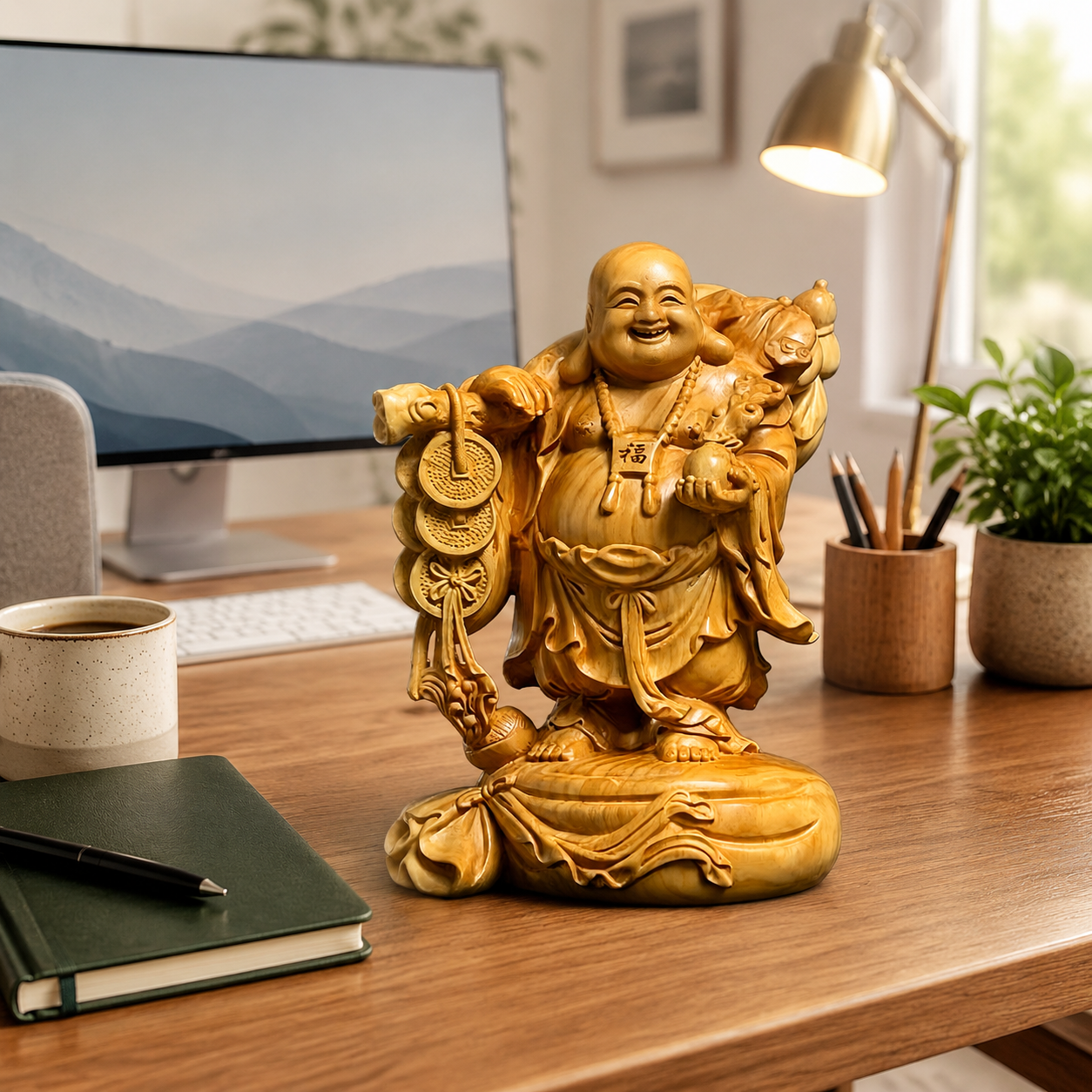 Boxwood Standing Ruyi Laughing Buddha Statue for Wealth & Good Fortune