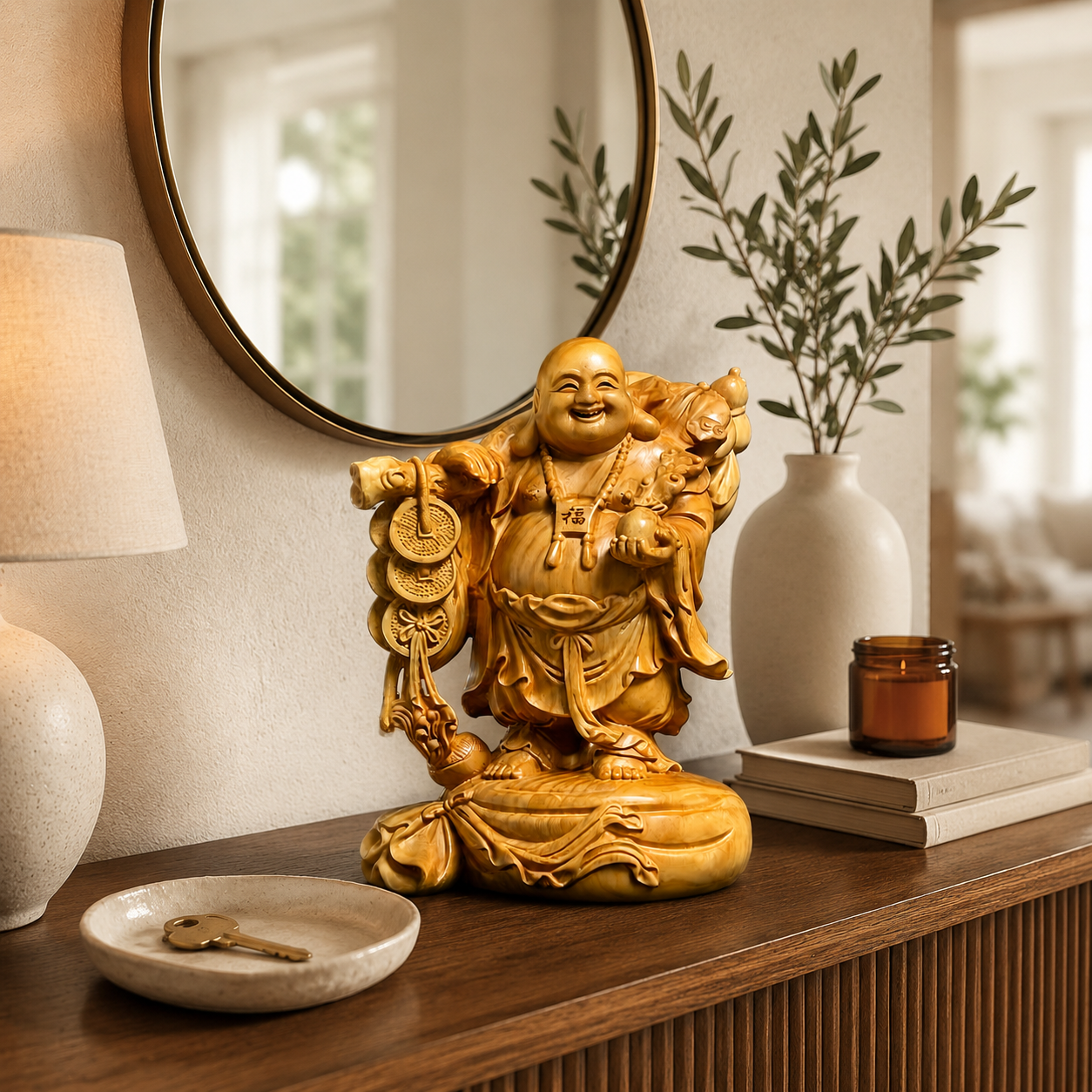 Boxwood Standing Ruyi Laughing Buddha Statue for Wealth & Good Fortune