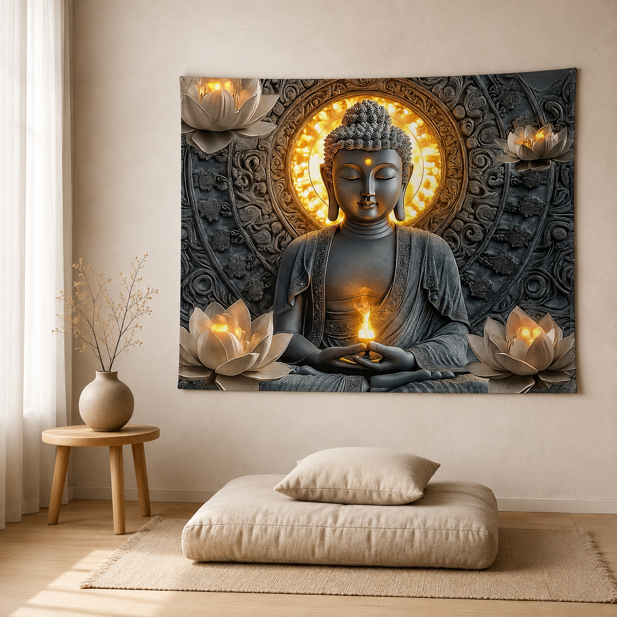 Meditating Buddha & Lotus Candle Tapestry for Peaceful Home Decor