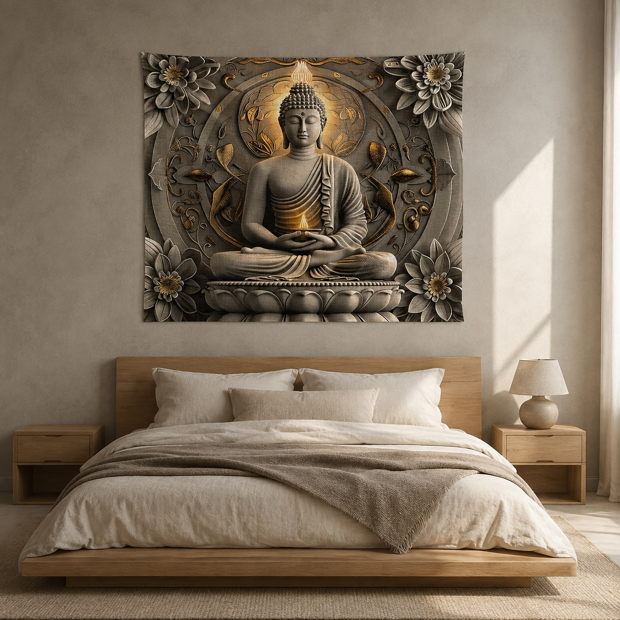 Meditating Buddha & Lotus Candle Tapestry for Peaceful Home Decor